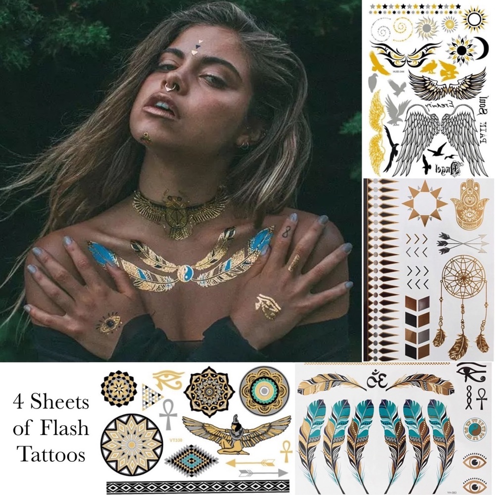 4 Sheets Boho Festival Temporary Metallic Flash Tattoos - Picture 1 of 16